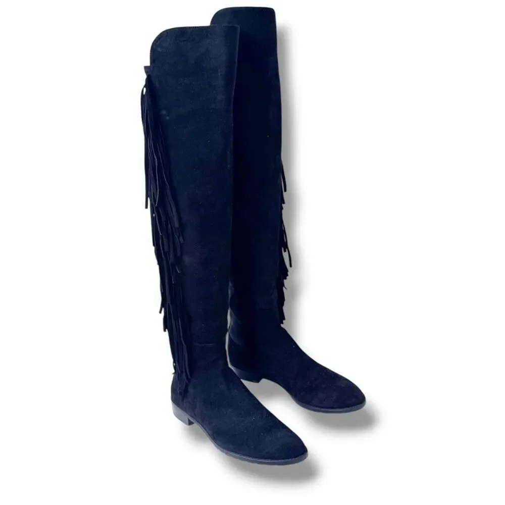 Stuart Weitzman Mane Fringe Suede Over-The-Knee Boots Black Western Size 8 M